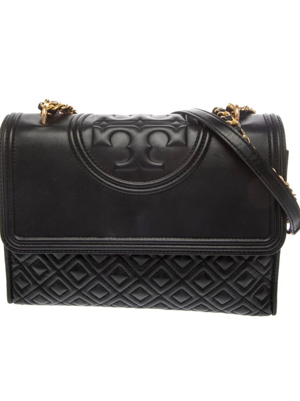 Tory Burch Black Quilted Leather Shoulder Bag with Gold Chain